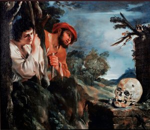 The Shepherds of Arcadia Men runt en grav på den grekiska ön Peloponnesos. Målning (Vanita) av Giovanni Francesco Barbieri Guerchin på Il Guercino (1591-1666) 1618 runt Rom, Galleria Corsini av Guercino