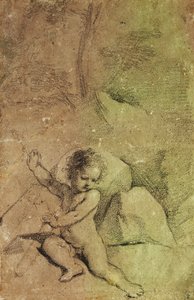 Amor som ritar en pil från ett koger, i ett landskap, av Guercino