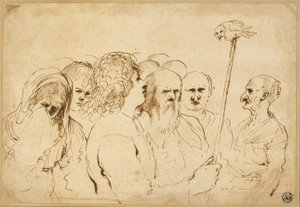 Grupp av figurer, med uggla på en stolpe av Guercino