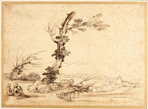 Landskap med falkonerare vid ett träd av Guercino