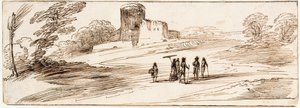 Landskap med borg och figurer av Guercino