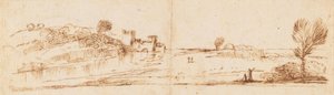 Panoramalandskap med en flod av Guercino