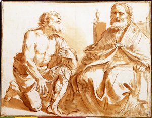 Sittande biskop och knästående helgon av Guercino