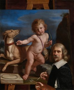 Självporträtt framför en målning av ”Amor Fedele” av Guercino