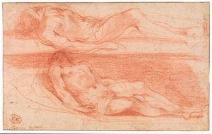 Två studier av en liggande halvnaken man av Guercino