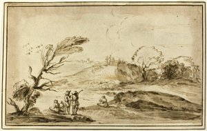 Två grupper av figurer i ett landskap av Guercino