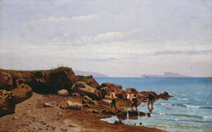 Fiskare på den napolitanska kusten, med ön Capri i bakgrunden, av Guglielmo Ciardi (1842-1917), olja på duk, 47,5x76,5 cm