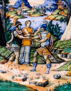 Skål: Latinus och Aeneas, detalj, ca 1540 (majolika) av Guido (attr. to) Durantino