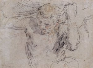 Ett Satyrlyftdraperi och en understudie av hans vänstra hand av Guido Reni