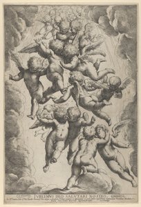 En grupp änglar som omfamnar under flykten, inramade av moln, ca. 1607., ca. 1607. av Guido Reni