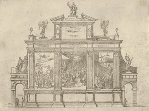 Fasad av ett triumfmonument med tre scener som visar påven Clement VIIIs gärningar, en t..., 1598. av Guido Reni