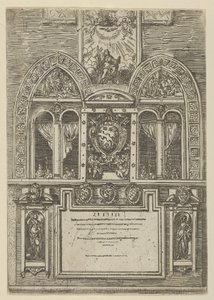 Fasad av Palazzo del Senato i Bologna med de påvliga vapen i centrum, med tillfällig ..., 1598. av Guido Reni