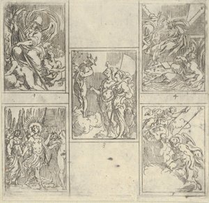 Fem numrerade scener, var och en efter en målare i Accademia Degli Incamminati, från IL FUME..., 1603. av Guido Reni