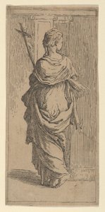 Flicka som bär ett krucifix och kliver mot en pilaster, sedd bakifrån, ca. 1590-1600. av Guido Reni