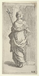 Flicka som bär ett krucifix och kliver mot en pilaster, sedd bakifrån, ca. 1590-1600. av Guido Reni