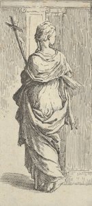 Flicka som bär ett krucifix och kliver mot en pilaster, sedd bakifrån, ca. 15..., ca. 1590-1600. av Guido Reni