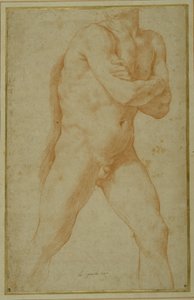 Naken man som går framåt, med armarna korslagda och tittar över denna högra axel (röd krita på krämpapper) av Guido Reni