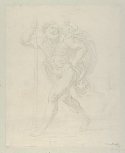 Saint Christopher går med spädbarnet Kristus på vänster axel, motpro..., ca. 1600-1640. av Guido Reni