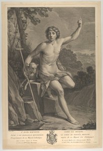 Johannes Döparen i öknen, sittande på en klippa och pekar uppåt med vänster h..., 1770 av Guido Reni