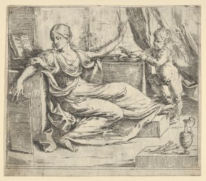 Sittande kvinna som håller en tablett och kompass allegori om lärande, en bevingad putto ..., ca. 1600-1640. av Guido Reni