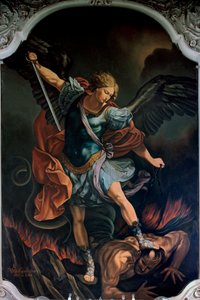 Ärkeängeln Saint Michael Terrassing the Dragon Målning av V. M. De Girolamo (1900-talet) efter Guido Reni. 1957 av Guido Reni
