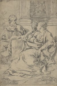 Den heliga familjen satt tillsammans framför en collonad, Saint Joseph läste och..., ca. 1590-1610. av Guido Reni