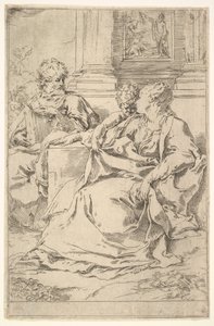 Den heliga familjen med skriftscen i bakgrunden. av Guido Reni