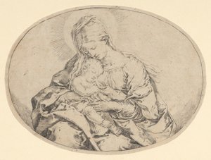 Jungfrun som håller spädbarnet Kristus, en oval komposition, ca. 1600-1640. av Guido Reni