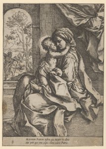 Jungfrun satt med Kristusbarnet i hennes knä och omfamnade henne, Josef såg..., ca. 1600-1613. av Guido Reni