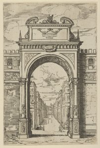 Triumfbåge överträffad av en staty av Moses, byggnader sedda genom bågen nedanför, en t..., 1598. av Guido Reni