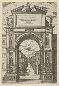 Triumfbåge överträffad av en staty som föreställer staden Bologna, byggnader sedda från..., 1598. av Guido Reni