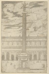Triumfpelare med kvinnlig berömmelsesfigur som håller en trumpet högst upp, en tillfällig dekor..., 1598. av Guido Reni