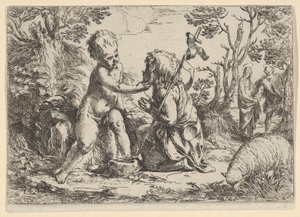 Den unge helige Johannes döparen knäböjer inför spädbarnet Kristus som smeker sin f..., ca. 1600-1640. av Guido Reni