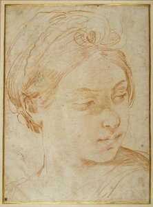 Ung kvinnas huvud, vände sig för att titta över hennes vänstra axel (röd krita på vitt papper) av Guido Reni
