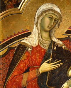 Marias ansikte, detalj från Majesty av Guido da Siena (ca 1230-ca 1290), detalj, Pelarsalen, Palazzo Pubblico (stadshuset), Siena