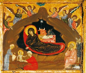 Nativity, detalj från Antependium of St Peter Enthroned by Guido da Siena (cirka 1250 -1300), tempera och guld på trä