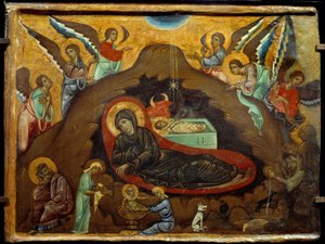 Nativiteten. Målning av Guido Da Siena (1200-talet). Tempera på trä. Mått: 3,64 x 4,75 cm.