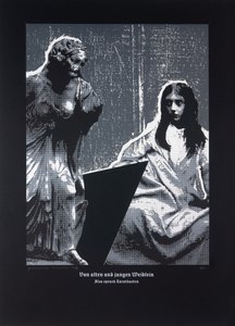 Om små gamla och unga kvinnor, Så talade Zarathustra, 2024 (träsnitt och silkscreen) av Guilherme Pontes