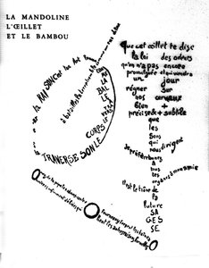 Calligram av Guillaume Apollinaire (1880-1918): "Mandolin, nejlika och bambu"