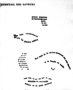 Calligram av Guillaume Apollinaire (1880-1918) som föreställer ett ansikte: "Smakernas eventans".