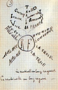 Calligram av Guillaume Apollinaire - i "" Bomull i öronen", autografmanuskript av 17 blad av Guillaume Apollinaire