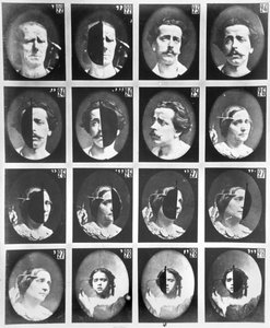 Fysionomiska studier, från 22 till 28, från "Mechanism of human physiognomy or electrophysiological analysis of passions" av Duchenne de Boulogne, publicerad 1876, Paris