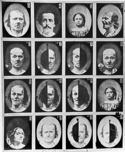 Fysionomiska studier, från "Mechanism of human physiognomy or electrophysiological analysis of passions" av Duchenne de Boulogne, publicerad 1876, Paris