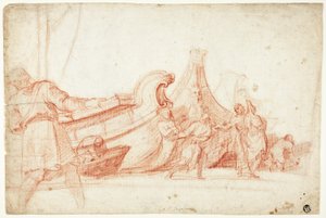 Dockscen (recto); Två skisser av mansfigurer (verso)
