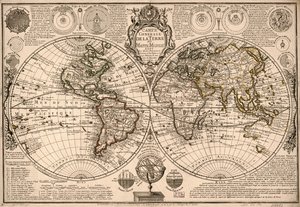 Carte generale de la terre - ou mappe monde auec les quatre principau  sistemes  les figures des sept planetes le tout selon les nouvelles obseruations. LOC 2017585685 av Guillaume Danet