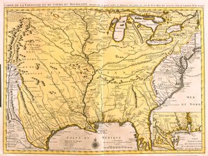 Karta över Louisiana (USA) och Mississippifloden (etsning av Guillaume Delisle