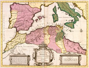 Karta över Nordafrika (Mauretanien, Marocko, Algeriet, Tunisien, Libyen) och Europa (Spanien, Portugal, Frankrike, Italien, Grekland med Balearerna, Sardinien, Korsika och Sicilien) (etsning)