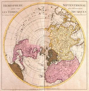Karta över norra halvklotet, arktiskt landbeskrivning (starkt vatten av Guillaume Delisle