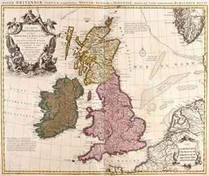 Karta över de brittiska öarna, kungadömena England, Skottland och Irland (etsning av Guillaume Delisle