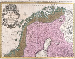 Karta över de nordiska länderna, kungadömena i Danmark, Sverige och Norge (etsning